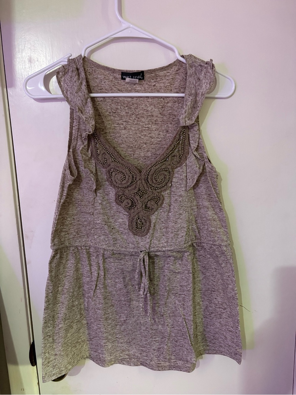 Wet Seal Gray Knit Sleeveless Tunic with Beaded V-Neck